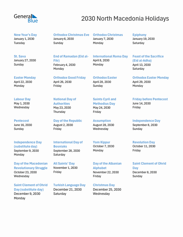 Free printable list of North Macedonia holidays for year 2030