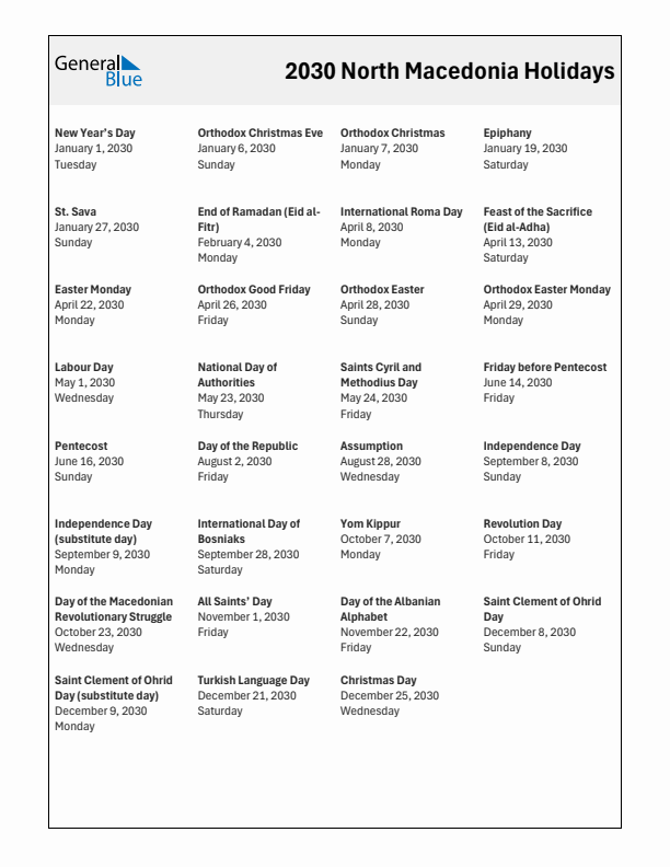 Free printable list of North Macedonia holidays for year 2030