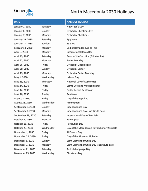 Free printable list of North Macedonia holidays for year 2030