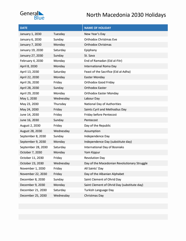 Free printable list of North Macedonia holidays for year 2030