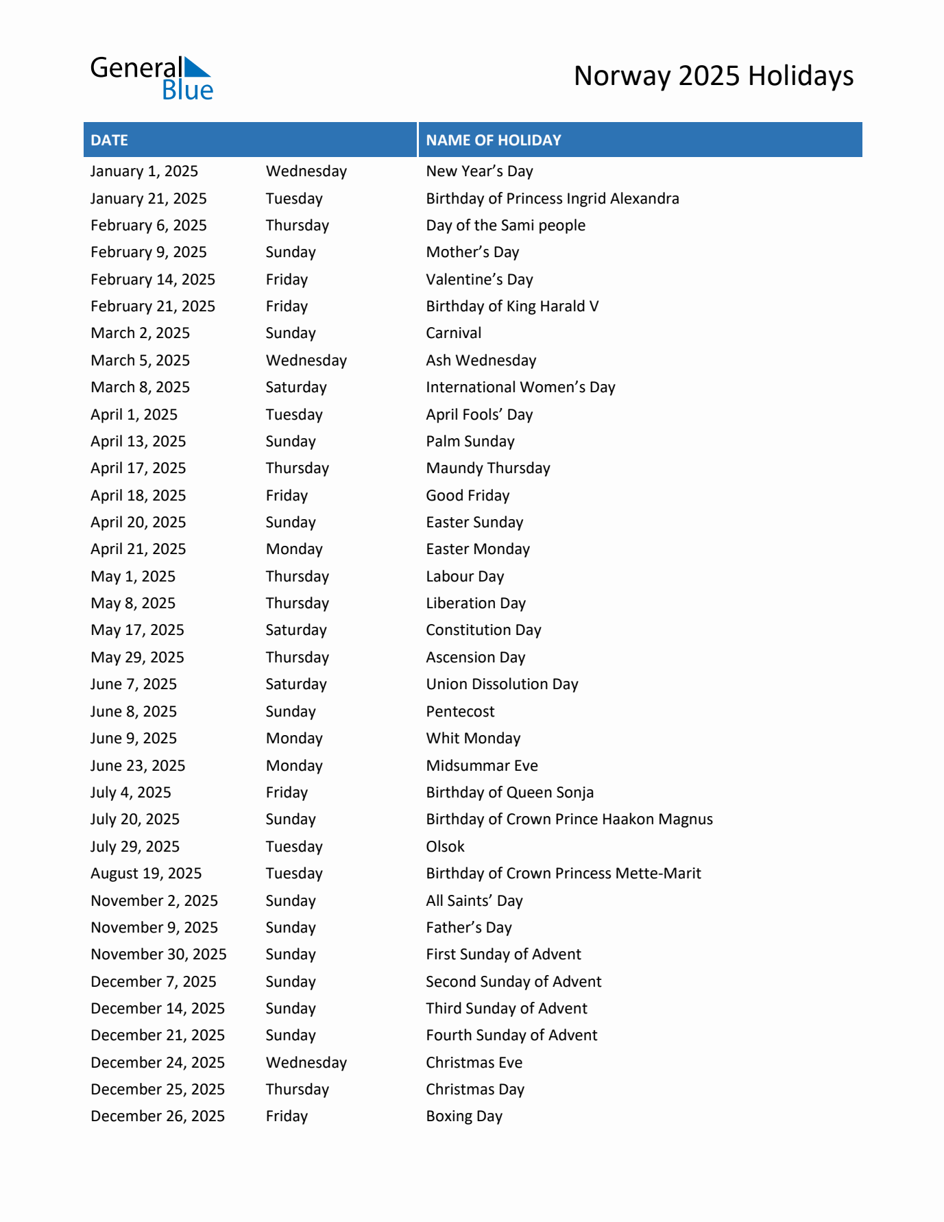 2025 Norway List of Holidays in PDF, Word, and Excel