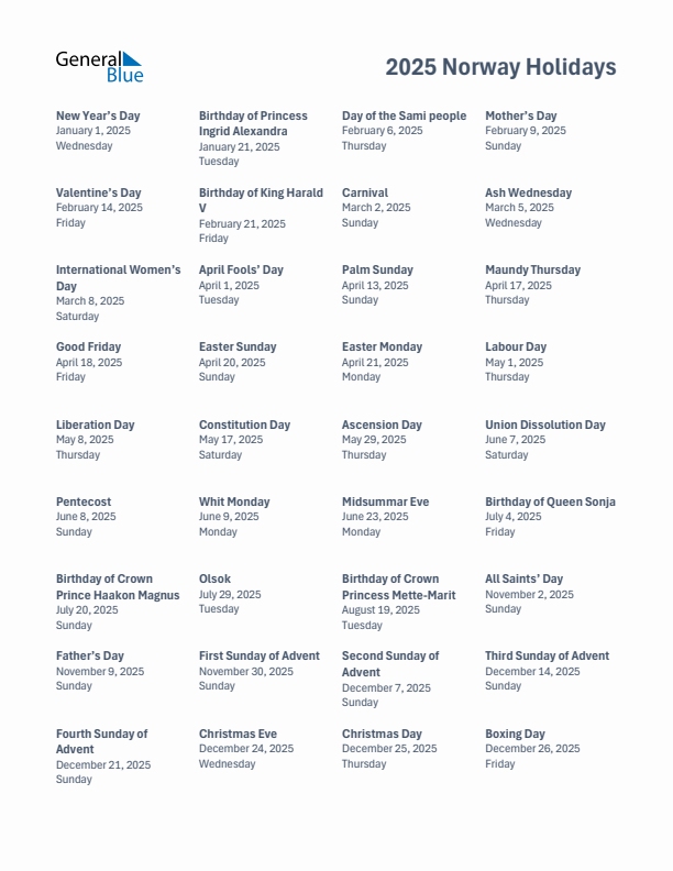 2025 Norway List of Holidays in PDF, Word, and Excel