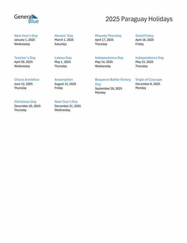 2025 Paraguay List of Holidays in PDF, Word, and Excel