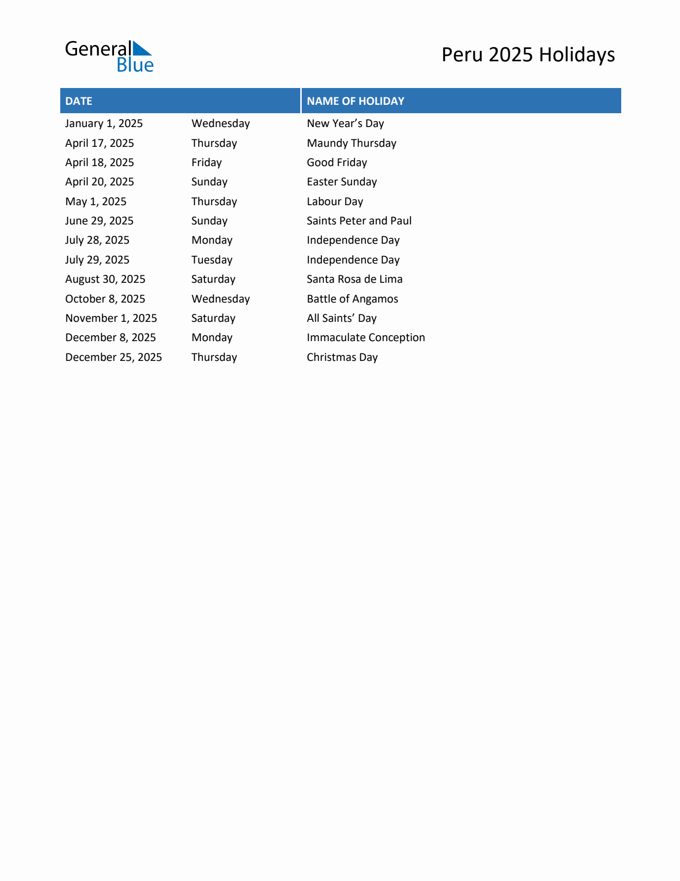 2025 Peru List of Holidays in PDF, Word, and Excel
