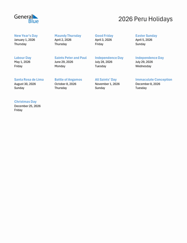 2026 Peru List of Holidays in PDF, Word, and Excel