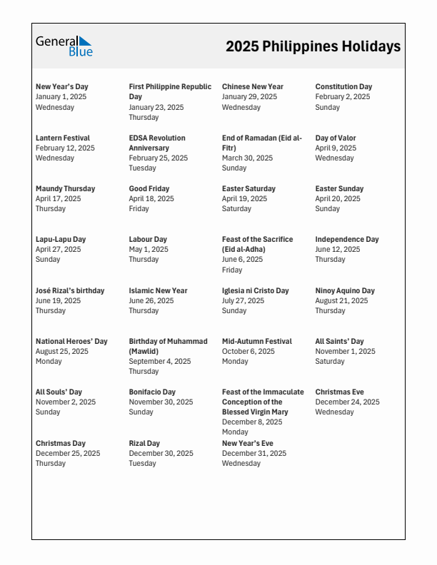 2025 Philippines List of Holidays in PDF, Word, and Excel