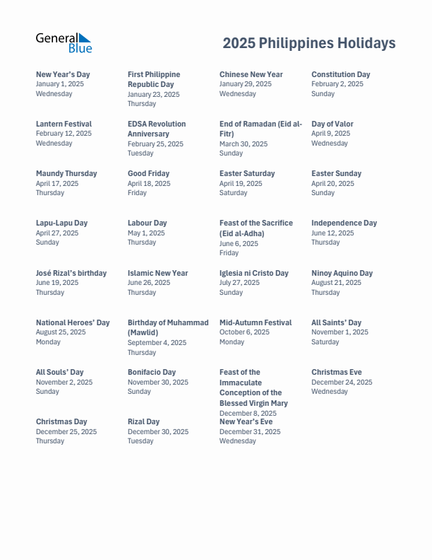 2025 Philippines List of Holidays in PDF, Word, and Excel