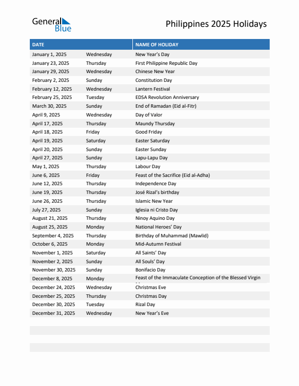 2025 Philippines List of Holidays in PDF, Word, and Excel