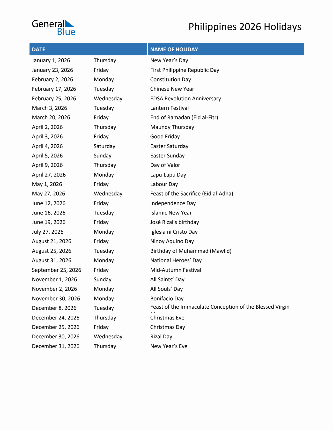 2026 philippines list of holidays in pdf, word, and excel