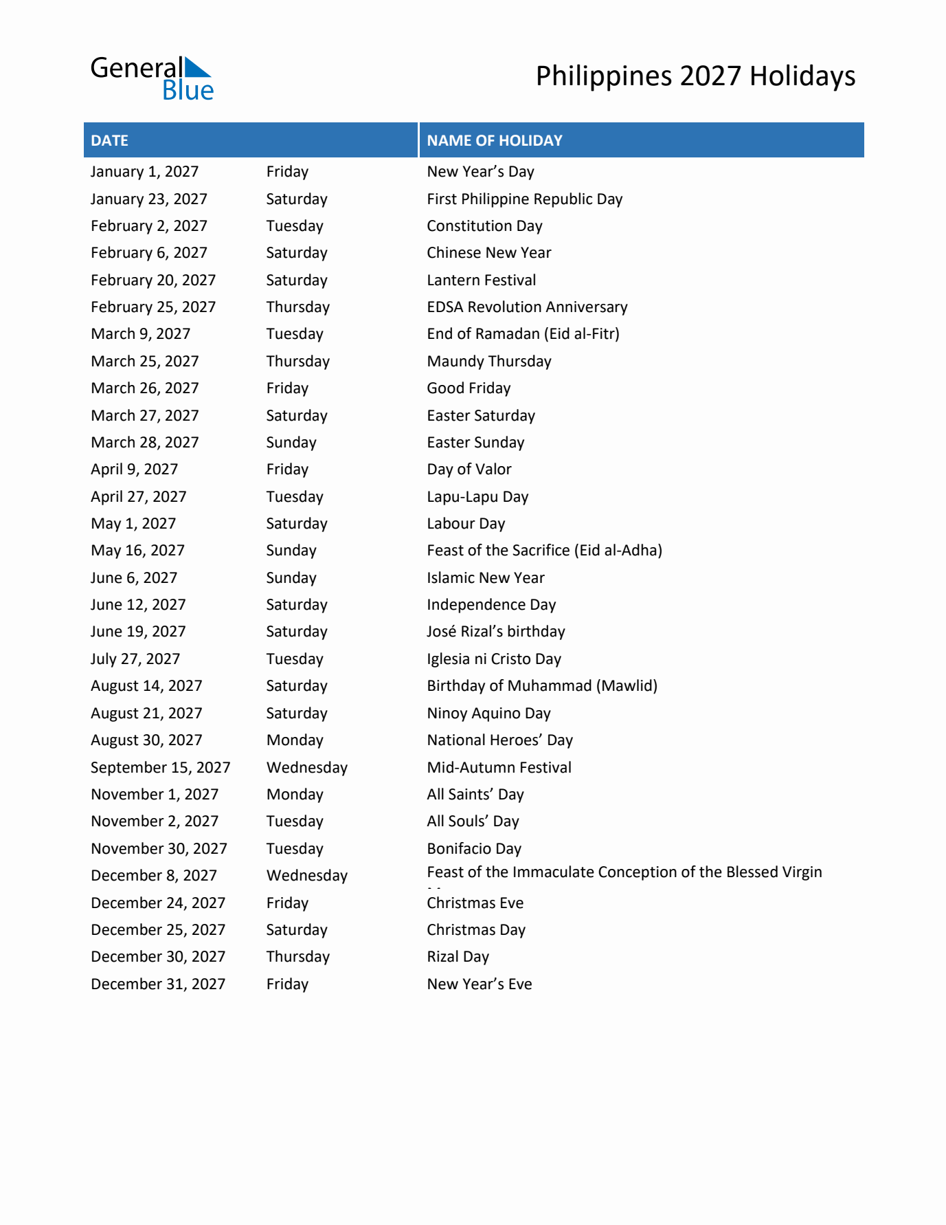 2027 Philippines List of Holidays in PDF, Word, and Excel