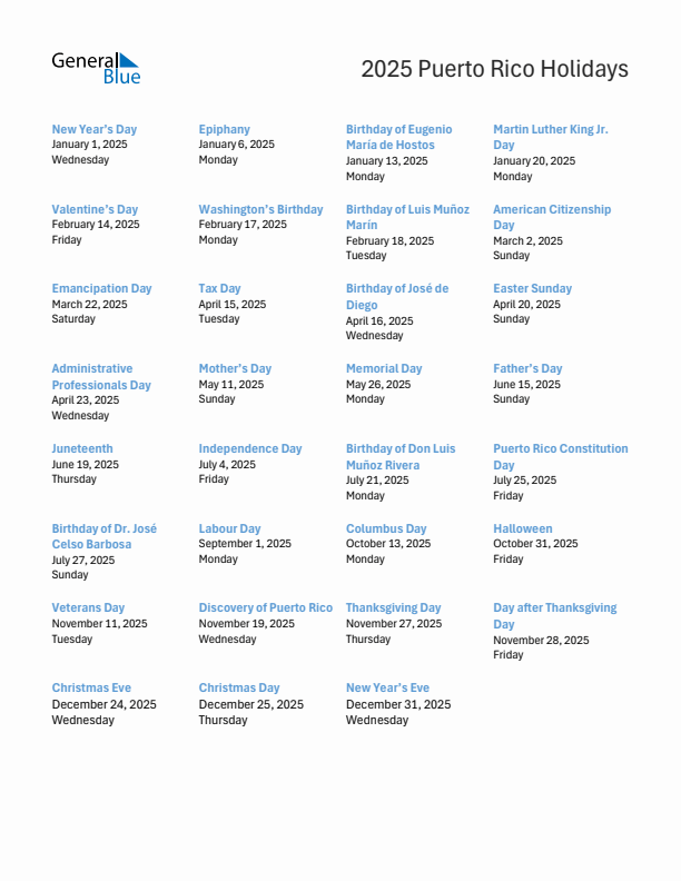 Free printable list of Puerto Rico holidays for year 2025