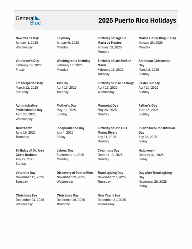 Free printable list of Puerto Rico holidays for year 2025