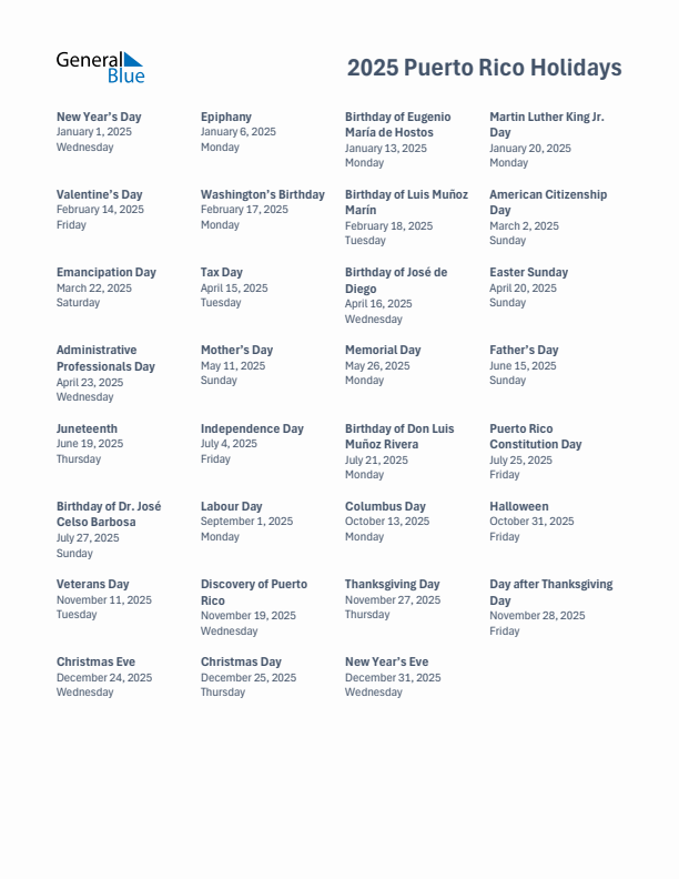 Free printable list of Puerto Rico holidays for year 2025