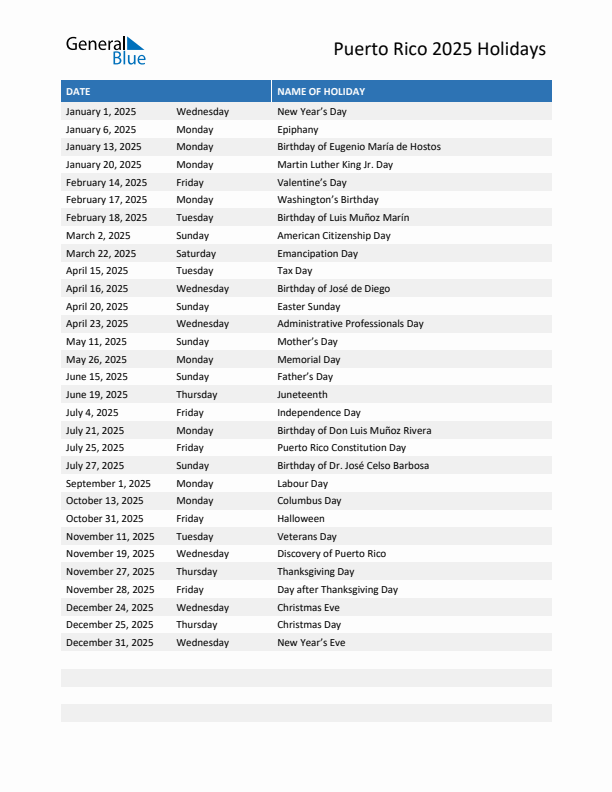 Free printable list of Puerto Rico holidays for year 2025