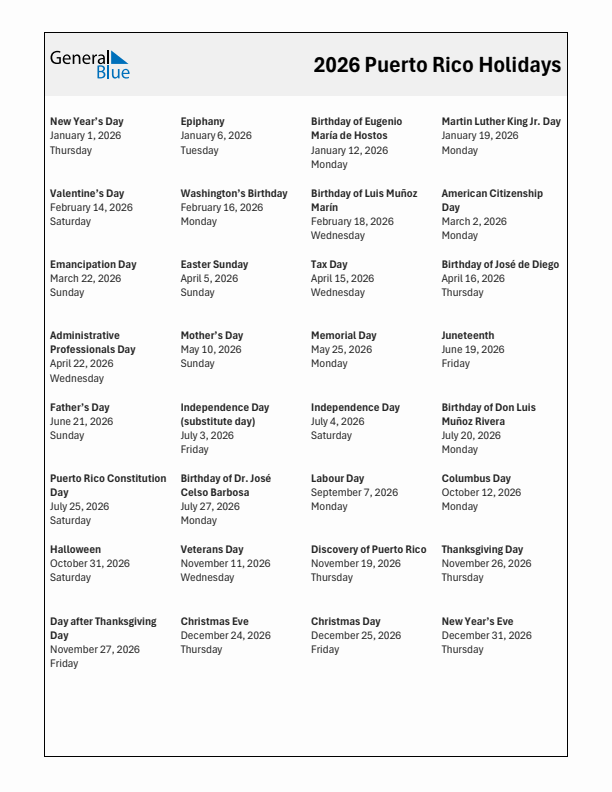 Free printable list of Puerto Rico holidays for year 2026