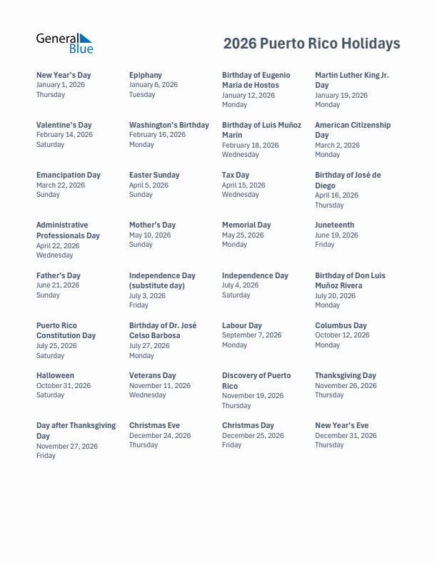 Free printable list of Puerto Rico holidays for year 2026