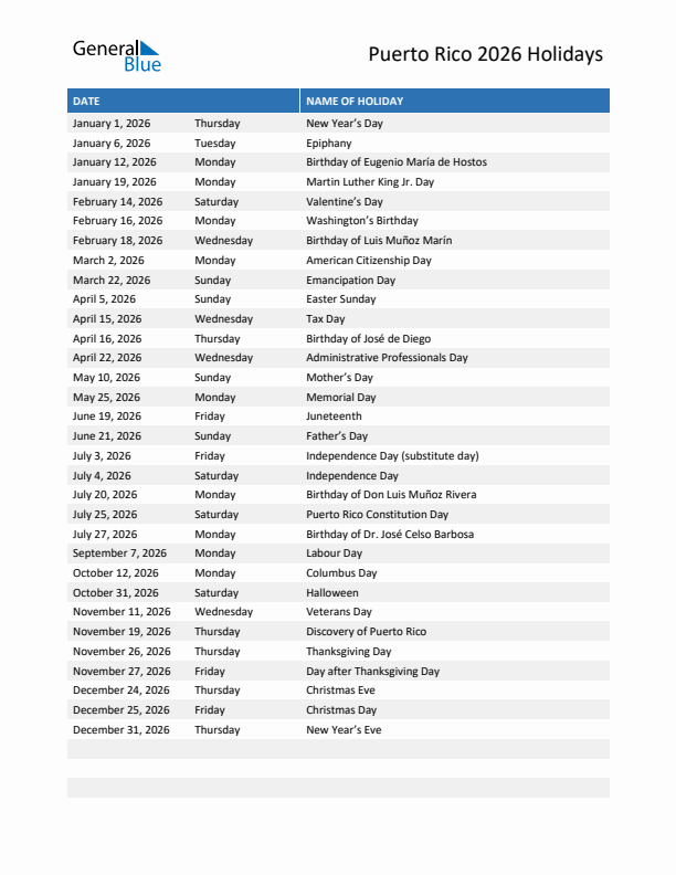 Free printable list of Puerto Rico holidays for year 2026