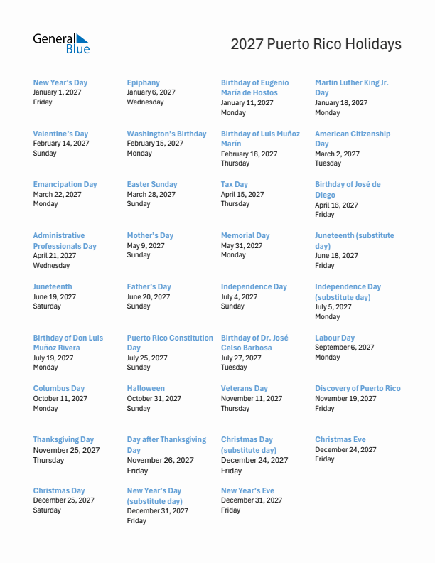 Free printable list of Puerto Rico holidays for year 2027