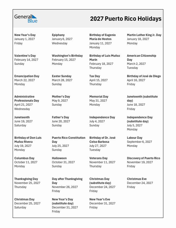 Free printable list of Puerto Rico holidays for year 2027