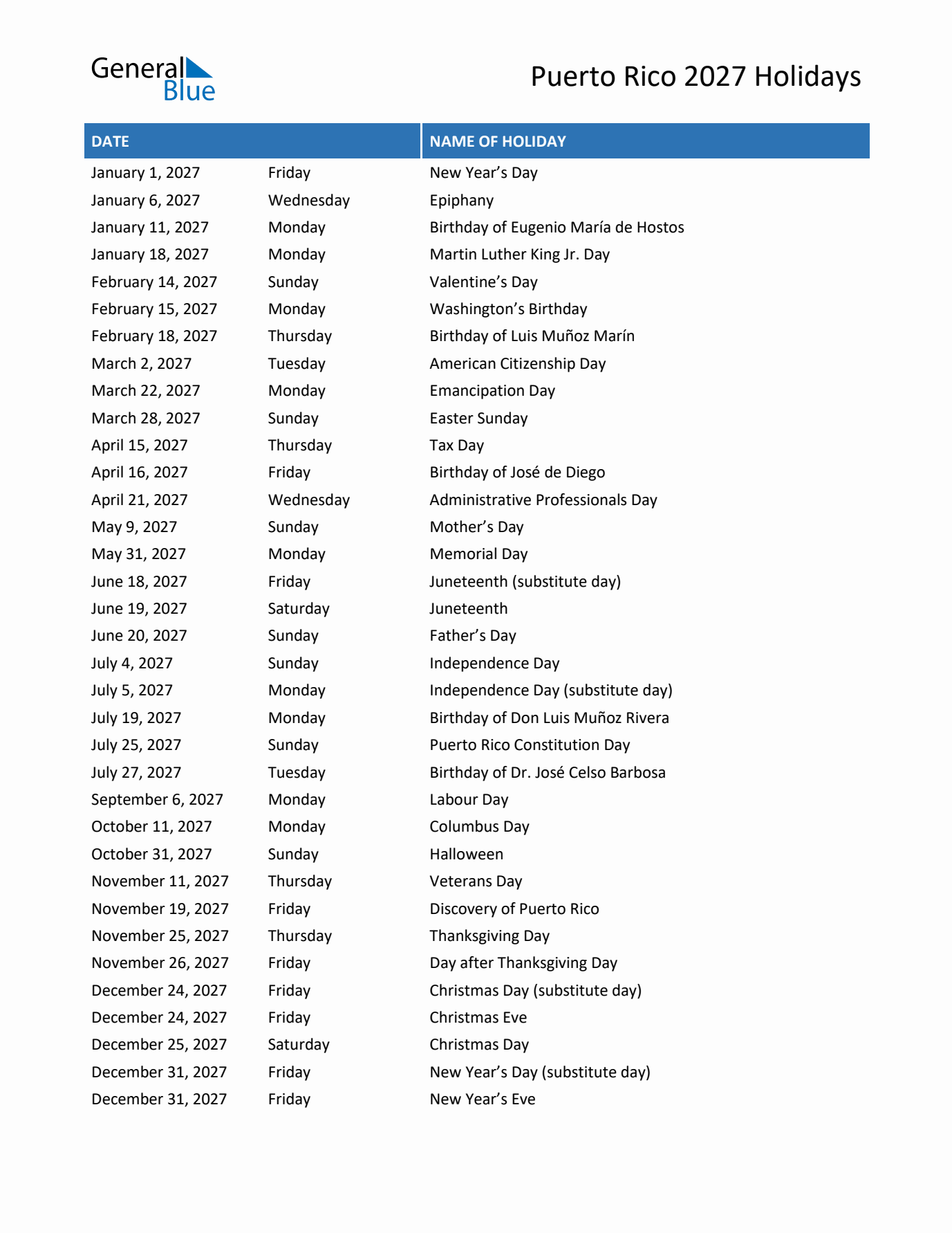 2027 Puerto Rico List of Holidays in PDF Word and Excel