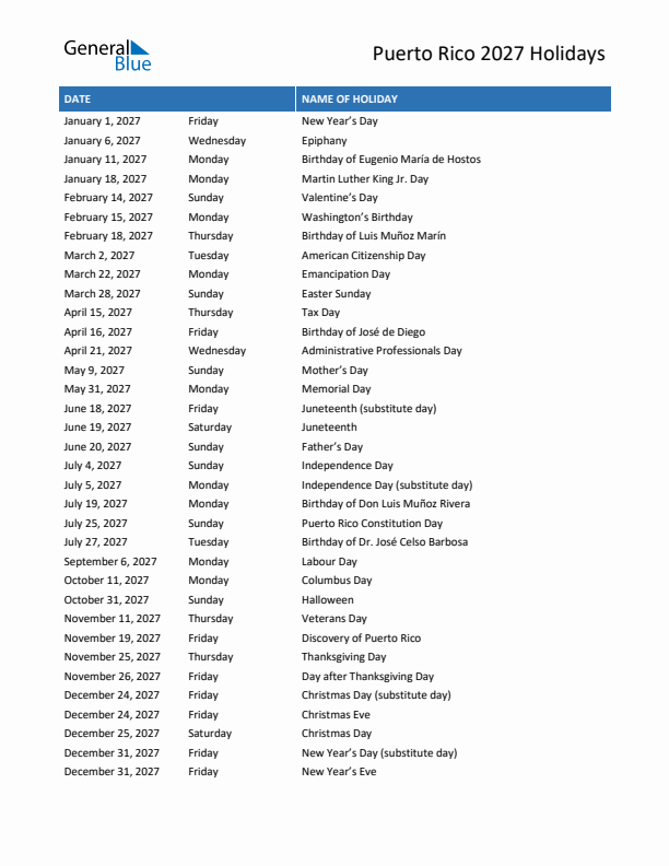 Free printable list of Puerto Rico holidays for year 2027