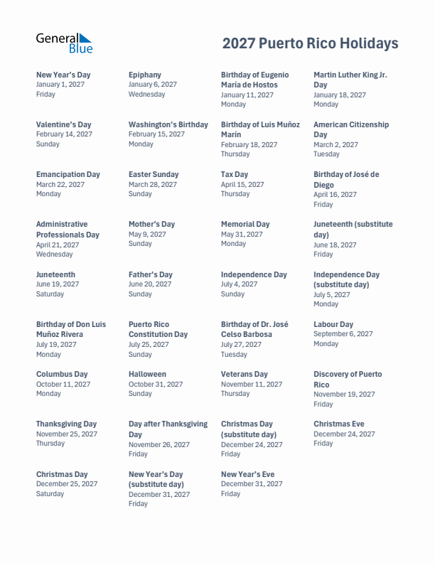 Free printable list of Puerto Rico holidays for year 2027