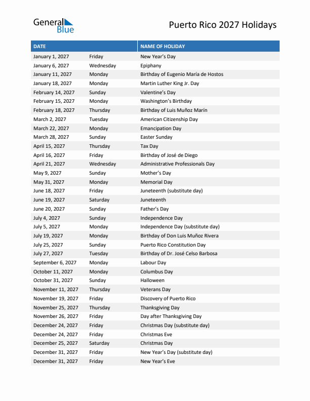 Free printable list of Puerto Rico holidays for year 2027