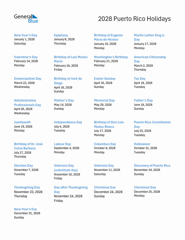 Free printable list of Puerto Rico holidays for year 2028