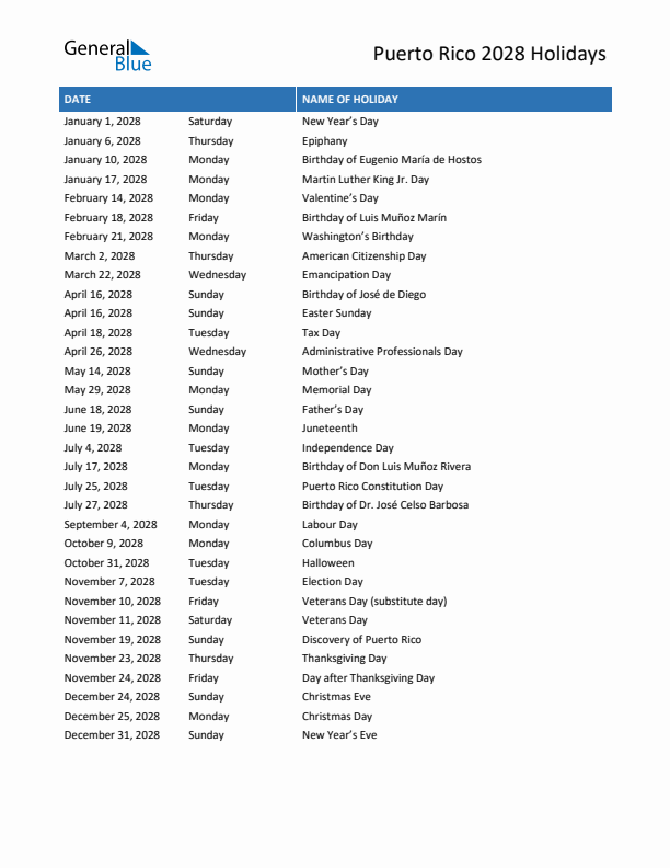 Free printable list of Puerto Rico holidays for year 2028