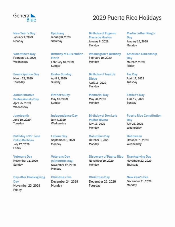 Free printable list of Puerto Rico holidays for year 2029