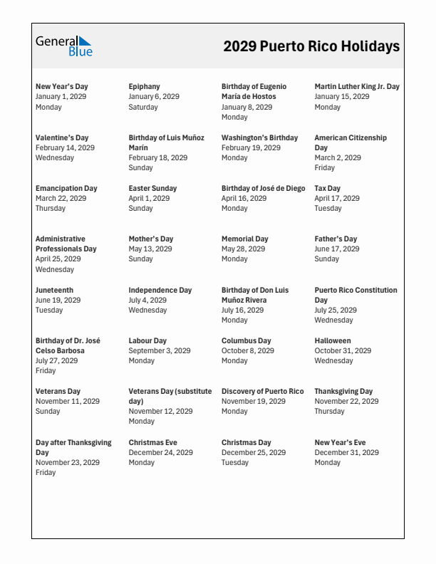 Free printable list of Puerto Rico holidays for year 2029