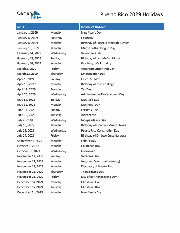 Free printable list of Puerto Rico holidays for year 2029