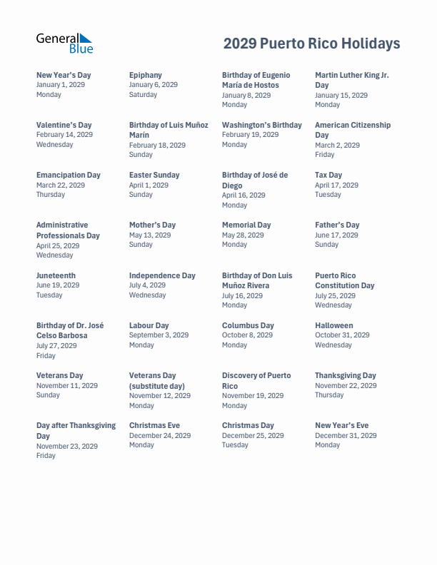 Free printable list of Puerto Rico holidays for year 2029