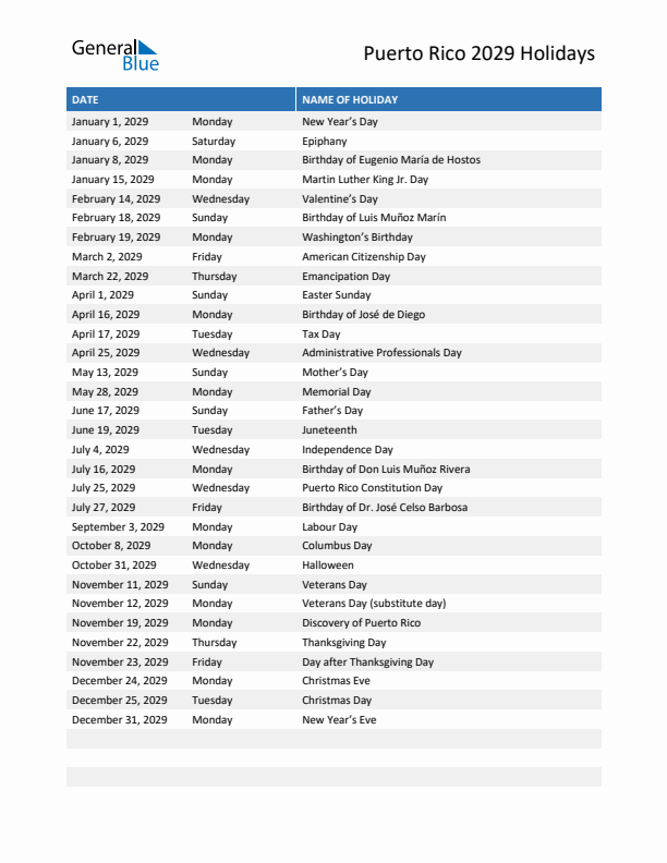 Free printable list of Puerto Rico holidays for year 2029