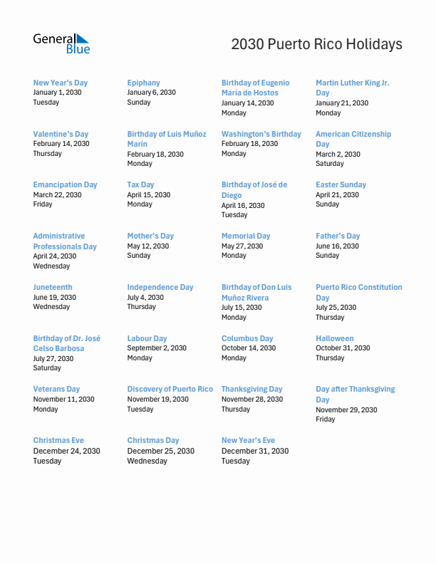 Free printable list of Puerto Rico holidays for year 2030