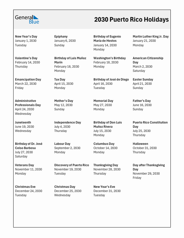 Free printable list of Puerto Rico holidays for year 2030