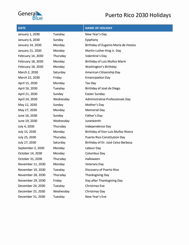 Free printable list of Puerto Rico holidays for year 2030