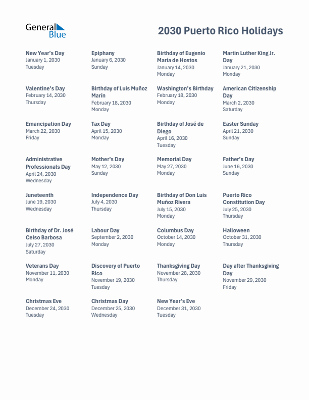 Free printable list of Puerto Rico holidays for year 2030