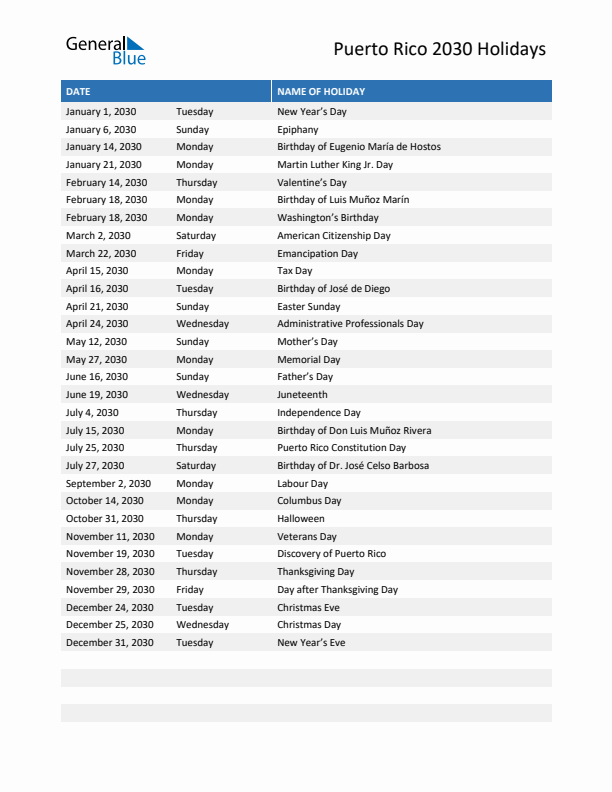 Free printable list of Puerto Rico holidays for year 2030