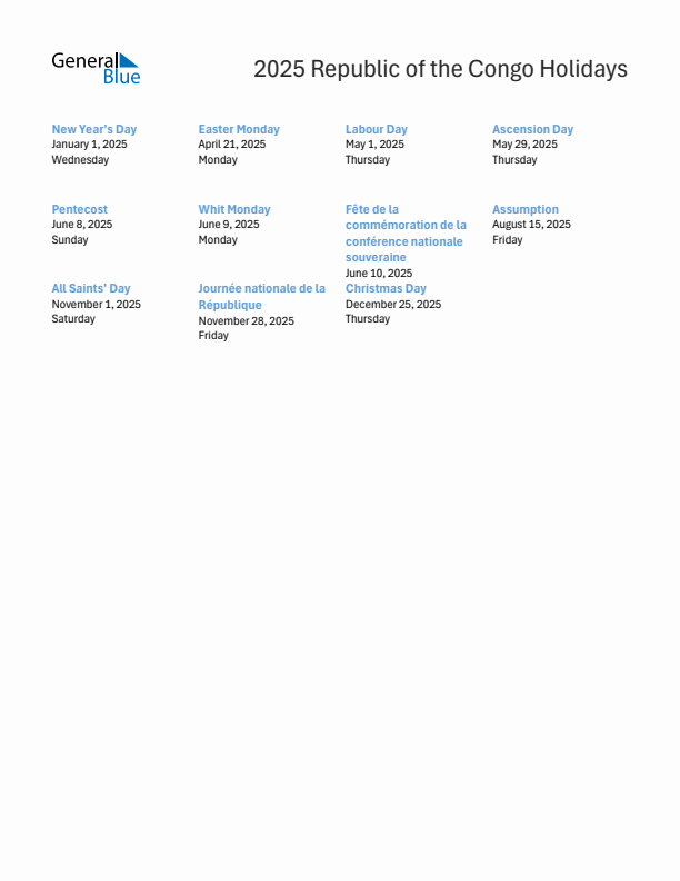 Free printable list of Republic of the Congo holidays for year 2025