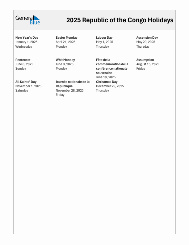 Free printable list of Republic of the Congo holidays for year 2025