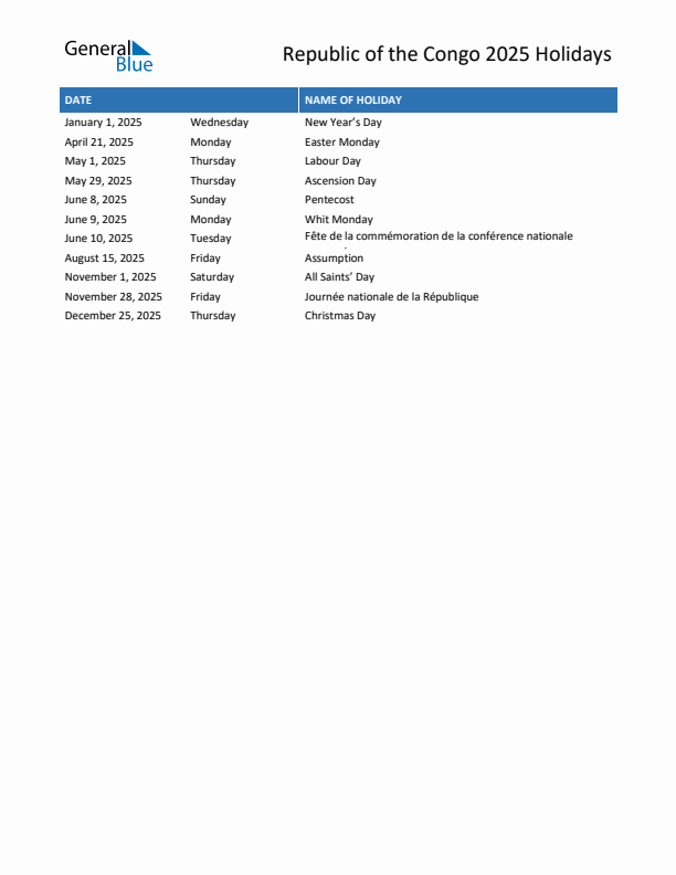 Free printable list of Republic of the Congo holidays for year 2025