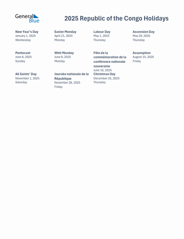 Free printable list of Republic of the Congo holidays for year 2025