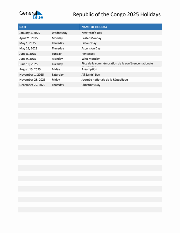 Free printable list of Republic of the Congo holidays for year 2025
