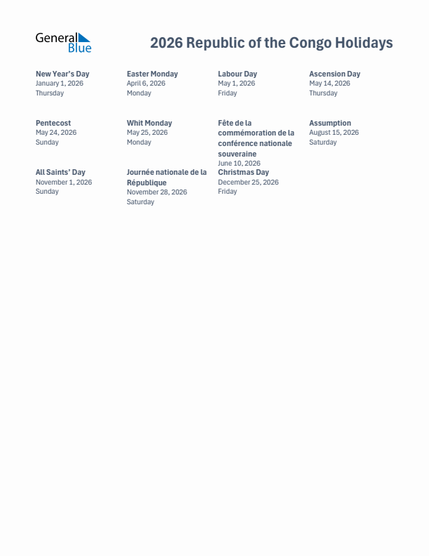 Free printable list of Republic of the Congo holidays for year 2026