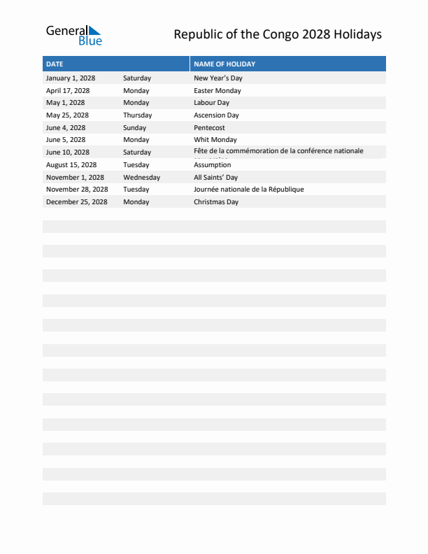 Free printable list of Republic of the Congo holidays for year 2028