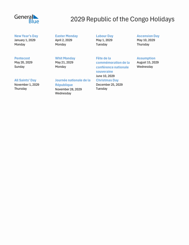 Free printable list of Republic of the Congo holidays for year 2029