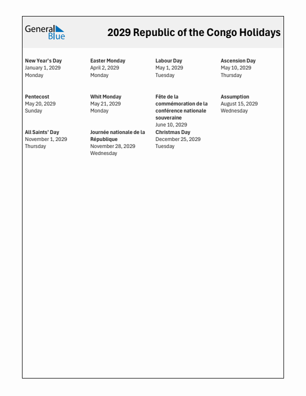 Free printable list of Republic of the Congo holidays for year 2029