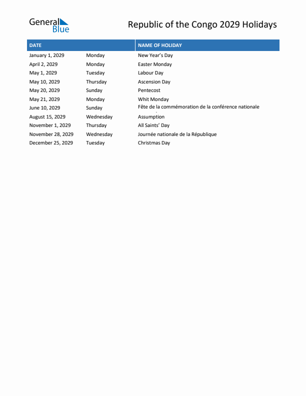 Free printable list of Republic of the Congo holidays for year 2029