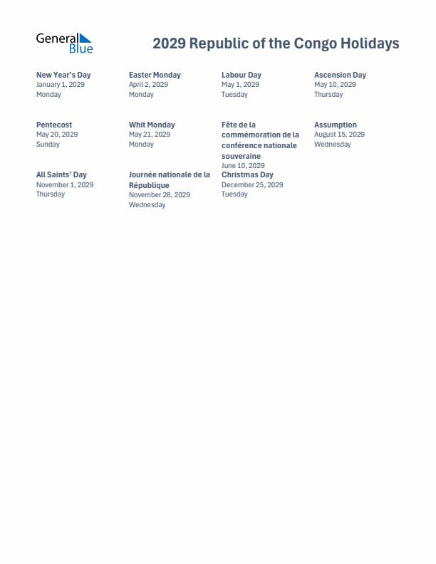 Free printable list of Republic of the Congo holidays for year 2029